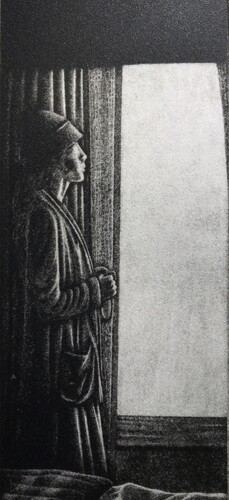 Gravure Florence Sagittario femme a la fenetre maniere noire 8,5x20