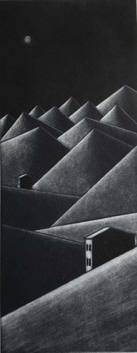 Gravure Florence Sagittario deux maisons la nuit maniere noire 12x31