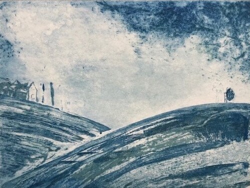 Gravure Florence Sagittario village colline aquatinte 10x15