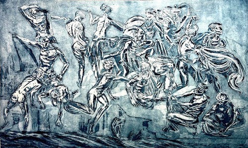 Gravure Florence Sagittario bataille de Cascina  eau forte aquatinte 30x50