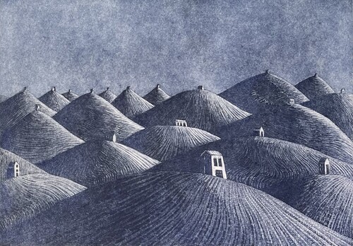Gravure Florence Sagittario collines habitées  eau forte aquatinte 23x33