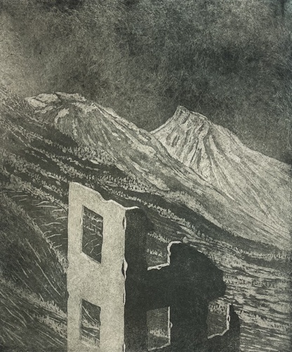 Gravure Florence Sagittario ruine en montagne